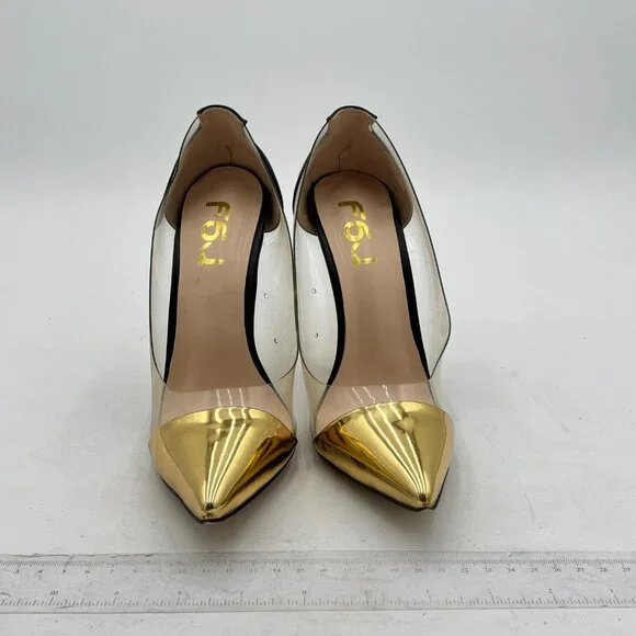 FSJ Gold Clear Gold Metal Chain Chunky High Heel Pointed Toe Slip On Pumps - Picture 3 of 8